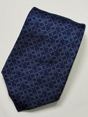 HERMES Navy Blue Shape Link Patter Print Silk Tie